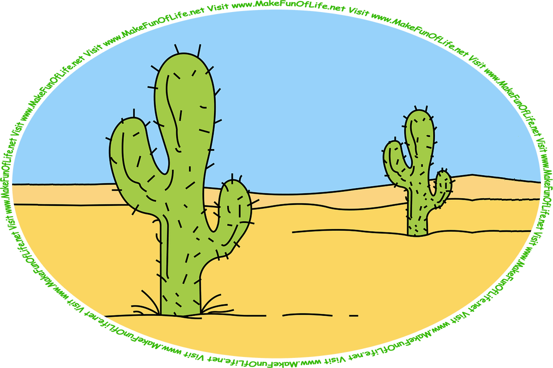 Picture of two prickly green cactuses with arm-like branches growing in a sandy desert under a clear blue sky, and the words, ‘Visit www.MakeFunOfLife.net.’
