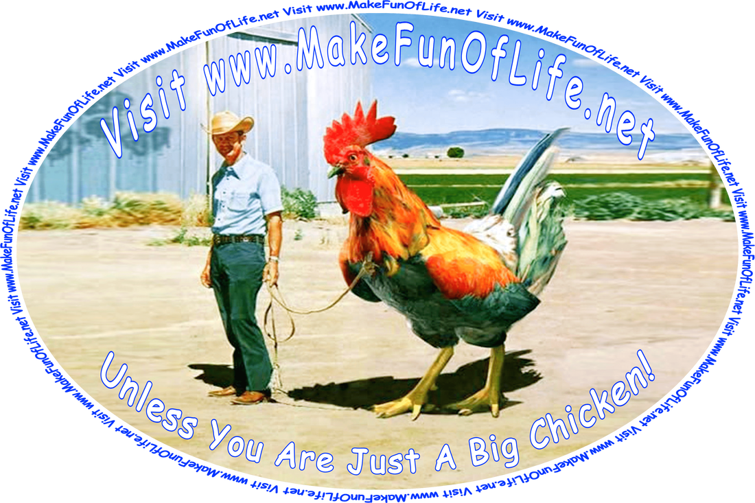 Picture of a man wearing a cowboy hat and holding a leash attached to a red rooster that is slightly taller than he is, and the words, ‘Visit www.MakeFunOfLife.net - Unless, Of Course, You Are Just A Big Chicken.’