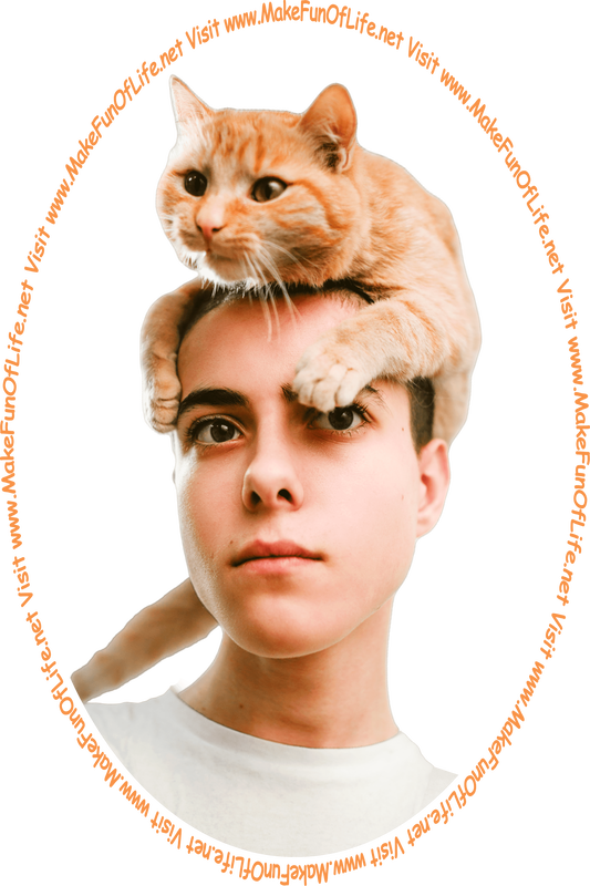 Picture of a young man with a cat on his head, as the cat looks at the words and pictures on the website, and the words, ‘Visit www.MakeFunOfLife.net.’