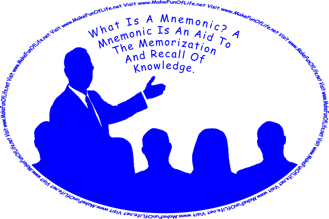 Picture of a lecturer in front of a group of people, pointing at a board on which are the words, ‘What Is A Mnemonic? A Mnemonic Is An Aid To The Memorization And Recall Of Knowledge,’ and the words, ‘Visit www.MakeFunOfLife.net.’