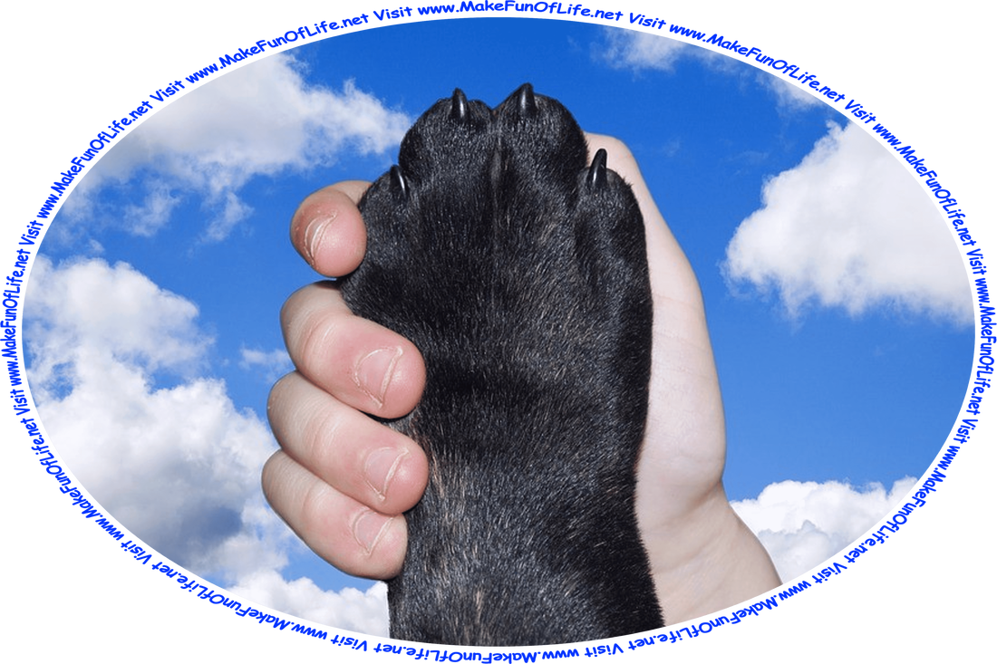 Picture of a human hand and a dog’s paw in a handshake, with a blue sky and fluffy white clouds in the background, and the words, ‘Visit www.MakeFunOfLife.net.’