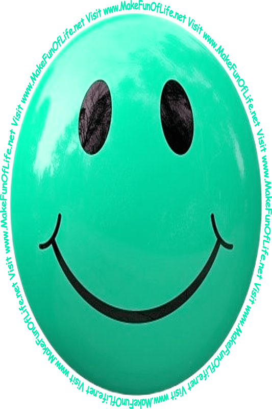 Picture of a pale blue-green smiley face and the words, 'Visit www.MakeFunOfLife.net.'