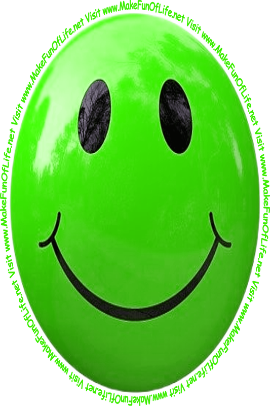 Picture of a medium light green smiley face and the words, 'Visit www.MakeFunOfLife.net.'