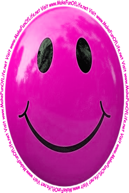 Picture of a deep pink smiley face and the words, 'Visit www.MakeFunOfLife.net.'