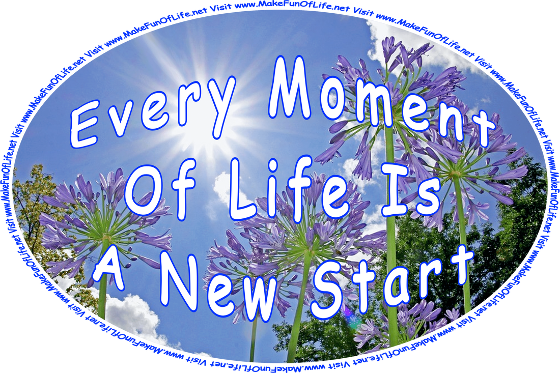 Picture of lavender-colored flowers on the ends of long green plant stems, the Sun shining brightly in the sky, white fluffy clouds, and the words, ‘Every Moment Of Life Is A New Start - Visit www.MakeFunOfLife.net.’
