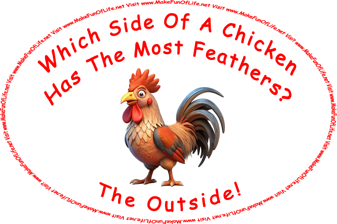 Picture of a rooster, and the words, ‘Which Side Of A Chicken Has The Most Feathers? The Outside! - Visit www.MakeFunOfLife.net.’
