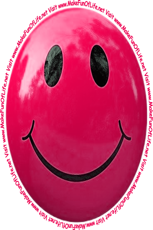 Picture of a deep-red smiley face and the words, 'Visit www.MakeFunOfLife.net.'