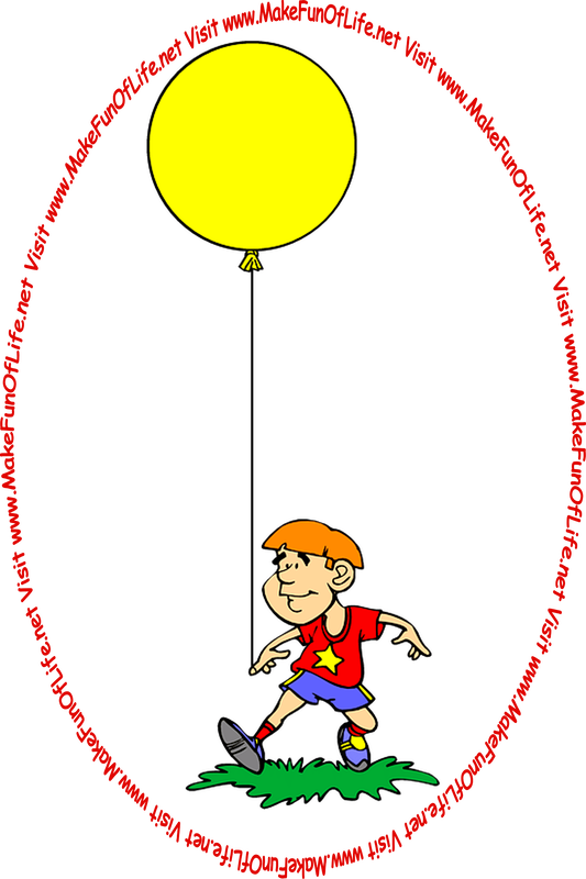 Picture of a happy smiling young man holding a large yellow floating balloon by a string while looking at the words and pictures on the website, and the words, ‘Visit www.MakeFunOfLife.net.’