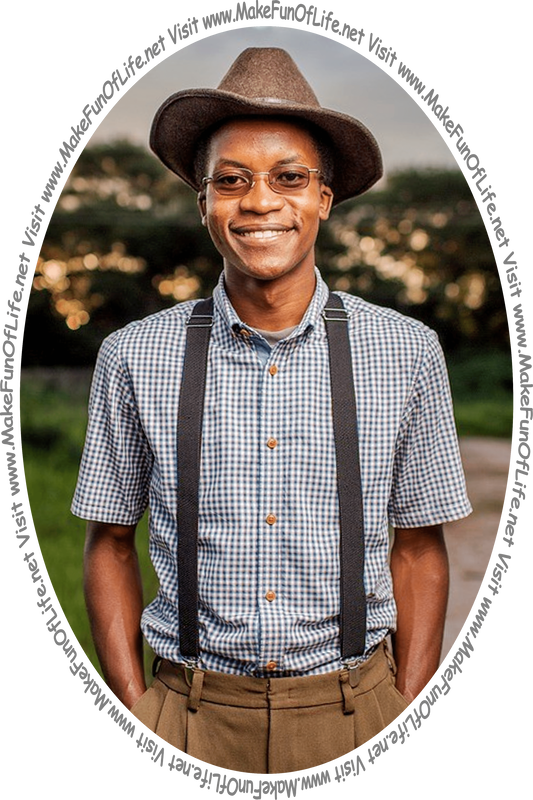 Picture of a happy smiling man standing outdoors, wearing a hat, suspenders, and tinted eyeglasses, and the words, ‘Visit www.MakeFunOfLife.net.’