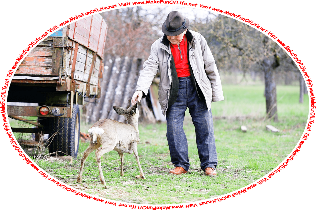 Picture of a man letting a small deer approach him to sniff his hand, and the words, ‘Visit www.MakeFunOfLife.net.’