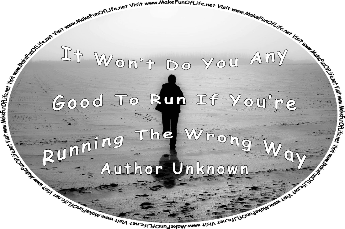 Picture of a shadowy figure running across a large wet, sandy area through a heavy fog, and the words, ‘Visit www.MakeFunOfLife.net.’
