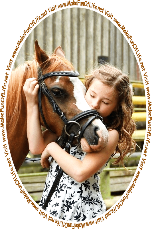 Picture of a girl and a pony, and the words, ‘Visit www.MakeFunOfLife.net.’