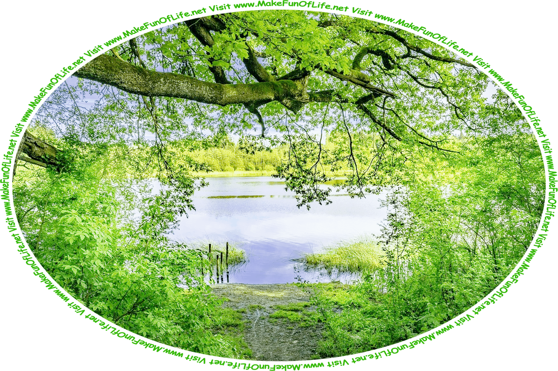 Picture of a calm blue lake seen through green leafy tree branches and green leafy plants on the lakeshore, and the words, ‘Visit www.MakeFunOfLife.net.’