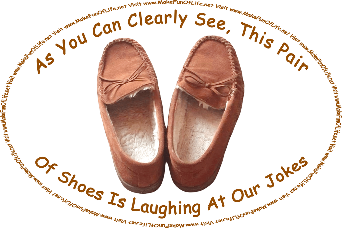 Picture of a pair of shoes with their shoelaces tied in bows to resemble eyes, just above the openings of the shoes that resemble mouths, creating an appearance that the shoes are laughing faces, and the words, ‘As You Can Clearly See, These Shoes Are Laughing At Our Jokes - Visit www.MakeFunOfLife.net.’